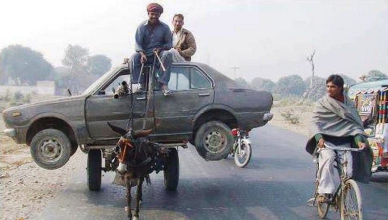 Trending photo: Donkey tows two men and a car