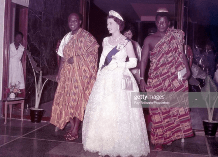 Queen Elizabeth II arrives with President Kwame Nkrumah for a State Dinner at the Ambassador Hotel in Accra. Queen Elizabeth II arrives with President Kwame Nkrumah for a State Dinner at the Ambassador Hotel in Accra.