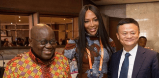 President Nana Addo Dankwa Akufo-Addo (L), Naomi Campbell (M) and Jack Ma
