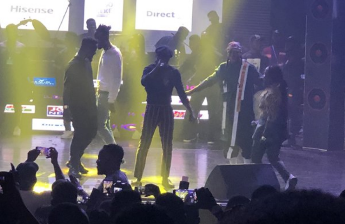 L-R: Sarkodie, Kwaw Kese, Reggie Rockstone, Edem and Obrafour on stage at the concert L-R: Sarkodie, Kwaw Kese, Reggie Rockstone, Edem and Obrafour on stage at the concert