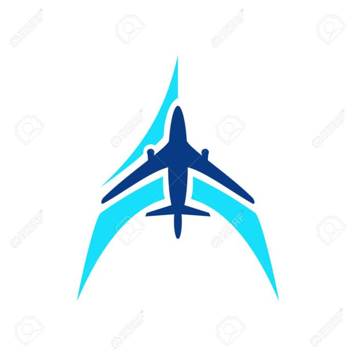 Airplane symbol vector. Airplane logo template. Aircraft silhouette sign for transportation company. Travel agency icon. Blue design air. Air company logo. Airline icon. Air plane logotype Vector AI10