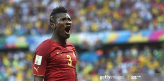 FORTALEZA, BRAZIL - JUNE 21: Asamoah Gyan of Ghana celebrates scoring his team's second goal during the 2014 FIFA World Cup Brazil Group G match between Germany and Ghana at Castelao on June 21, 2014 in Fortaleza, Brazil. (Photo by Laurence Griffiths/Getty Images)