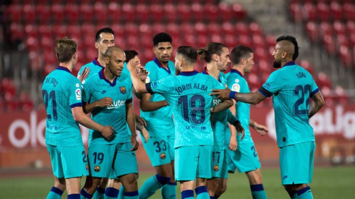 Barcelona´s Danish forward Martin Braithwaite (2L) celebrates with teammates after scoring a goal during the Spanish League football match between RCD Mallorca and FC Barcelona at the Visit Mallorca stadium (Son Moix stadium) in Palma de Mallorca on June Image credit: Getty Images Barcelona´s Danish forward Martin Braithwaite (2L) celebrates with teammates after scoring a goal during the Spanish League football match between RCD Mallorca and FC Barcelona at the Visit Mallorca stadium (Son Moix stadium) in Palma de Mallorca on June Image credit: Getty Images