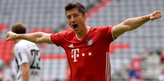 Robert Lewandowski celebrates after scoring his team's second goal during the German first division Bundesliga football match FC Bayern Munich v SC Freiburg on June 20, 2020 Image credit: Getty Images