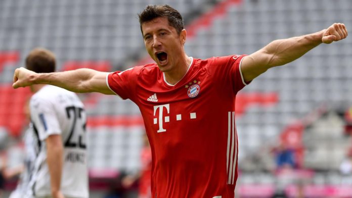 Robert Lewandowski celebrates after scoring his team's second goal during the German first division Bundesliga football match FC Bayern Munich v SC Freiburg on June 20, 2020 Image credit: Getty Images Robert Lewandowski celebrates after scoring his team's second goal during the German first division Bundesliga football match FC Bayern Munich v SC Freiburg on June 20, 2020 Image credit: Getty Images