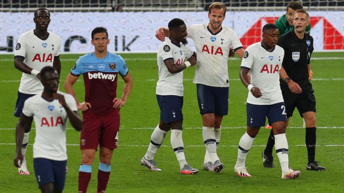 Harry Kane of Tottenham Hotspur celebrates with teammate Serge Aurier after scoring his team's second goal during the Premier League match between Tottenham Hotspur and West Ham United at Tottenham Hotspur Stadium on June 23, 2020 in London, England Image credit: Getty Images Harry Kane of Tottenham Hotspur celebrates with teammate Serge Aurier after scoring his team's second goal during the Premier League match between Tottenham Hotspur and West Ham United at Tottenham Hotspur Stadium on June 23, 2020 in London, England Image credit: Getty Images