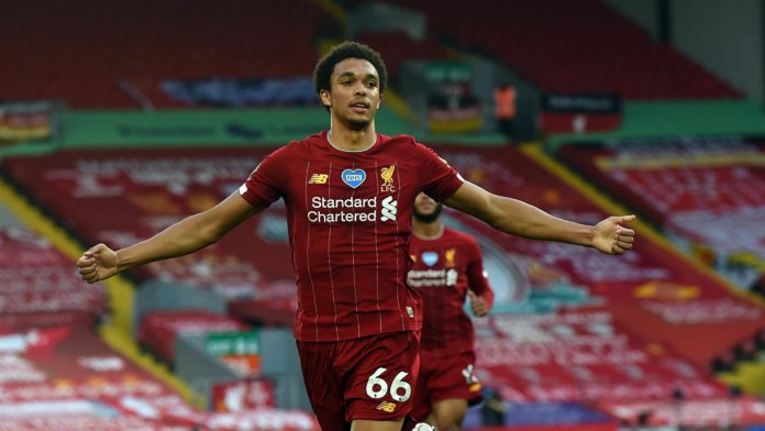Trent Alexander-Arnold of Liverpool Celebrates after putting liverpool ahead during the Premier League match between Liverpool FC and Crystal Palace at Anfield Image credit: Getty Images Trent Alexander-Arnold of Liverpool Celebrates after putting liverpool ahead during the Premier League match between Liverpool FC and Crystal Palace at Anfield Image credit: Getty Images