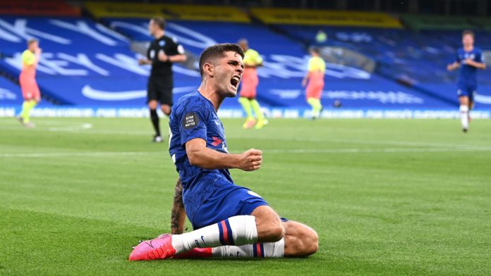 Christian Pulisic of Chelsea celebrates after scoring his sides first goal during the Premier League match between Chelsea FC and Manchester City at Stamford Bridge Image credit: Getty Images Christian Pulisic of Chelsea celebrates after scoring his sides first goal during the Premier League match between Chelsea FC and Manchester City at Stamford Bridge Image credit: Getty Images