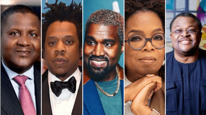 A collage of Dangote, Jay Z, Kanye, Oprah, Adenuga. Photo sources: PageSix/Nairametrics/HollywoodReporter Source: UGC A collage of Dangote, Jay Z, Kanye, Oprah, Adenuga. Photo sources: PageSix/Nairametrics/HollywoodReporter Source: UGC