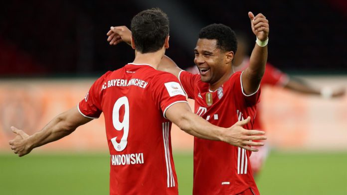 Robert Lewandowski of FC Bayern Muenchen celebrates with teammate Serge Gnabry of FC Bayern Muenchen after scoring his team's third goal during the DFB Cup final match between Bayer 04 Leverkusen and FC Bayern Muenchen at Olympiastadion on July 04 Image credit: Getty Images Robert Lewandowski of FC Bayern Muenchen celebrates with teammate Serge Gnabry of FC Bayern Muenchen after scoring his team's third goal during the DFB Cup final match between Bayer 04 Leverkusen and FC Bayern Muenchen at Olympiastadion on July 04 Image credit: Getty Images