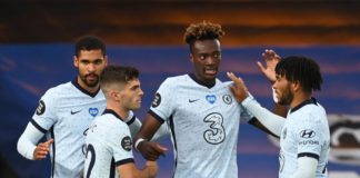 Tammy Abraham of Chelsea celebrates with teammates after scoring his team's third goal during the Premier League match between Crystal Palace and Chelsea FC at Selhurst Park on July 07, 2020 in London, England. Football Stadiums around Europe remain empt Image credit: Force India F1 Ltd