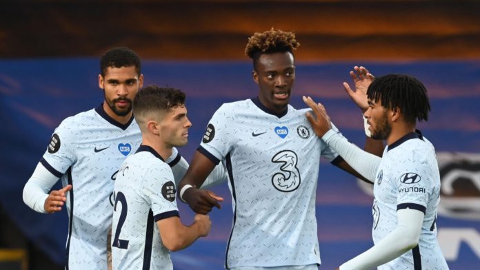 Tammy Abraham of Chelsea celebrates with teammates after scoring his team's third goal during the Premier League match between Crystal Palace and Chelsea FC at Selhurst Park on July 07, 2020 in London, England. Football Stadiums around Europe remain empt Image credit: Force India F1 Ltd Tammy Abraham of Chelsea celebrates with teammates after scoring his team's third goal during the Premier League match between Crystal Palace and Chelsea FC at Selhurst Park on July 07, 2020 in London, England. Football Stadiums around Europe remain empt Image credit: Force India F1 Ltd