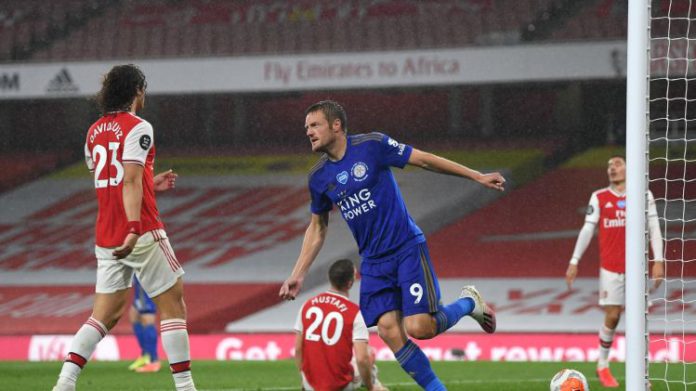 Jamie Vardy of Leicester City celebrates after scoring his team's first goal during the Premier League match between Arsenal FC and Leicester City at Emirates Stadium on July 07, 2020 in London, England. Football Stadiums around Europe remain empty due to coronavirus Image crediJamie Vardy of Leicester City celebrates after scoring his team's first goal during the Premier League match between Arsenal FC and Leicester City at Emirates Stadium on July 07, 2020 in London, England. Football Stadiums around Europe remain empty due to coronavirus Image credit: Getty Imagest: Getty Images Jamie Vardy of Leicester City celebrates after scoring his team's first goal during the Premier League match between Arsenal FC and Leicester City at Emirates Stadium on July 07, 2020 in London, England. Football Stadiums around Europe remain empty due to coronavirus Image crediJamie Vardy of Leicester City celebrates after scoring his team's first goal during the Premier League match between Arsenal FC and Leicester City at Emirates Stadium on July 07, 2020 in London, England. Football Stadiums around Europe remain empty due to coronavirus Image credit: Getty Imagest: Getty Images