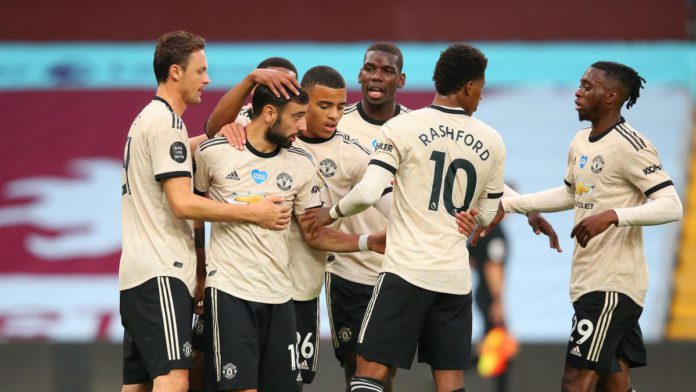 Bruno Fernandes of Manchester United celebrates with team mates after scoring the opening goal from a penalty kick during the Premier League match between Aston Villa and Manchester United at Villa Park Image credit: Getty Images Bruno Fernandes of Manchester United celebrates with team mates after scoring the opening goal from a penalty kick during the Premier League match between Aston Villa and Manchester United at Villa Park Image credit: Getty Images