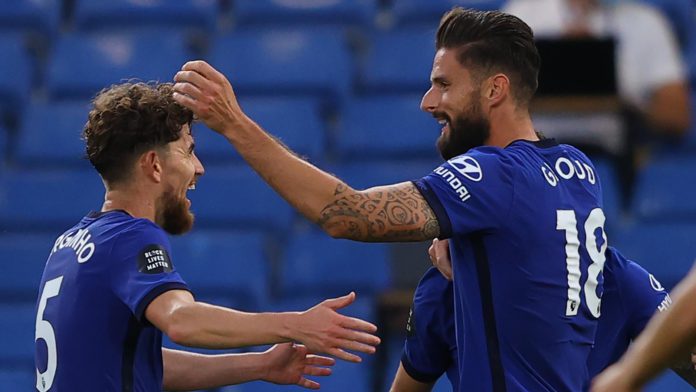 Chelsea striker Olivier Giroud (R) celebrates scoring with Jorginho. Image credit: Getty Images Chelsea striker Olivier Giroud (R) celebrates scoring with Jorginho. Image credit: Getty Images