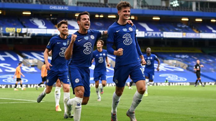 Mason Mount of Chelsea celebrates with teammate Cesar Azpilicueta after scoring his team's first goal during the Premier League match between Chelsea FC and Wolverhampton Wanderers at Stamford Bridge on July 26, 2020 in London, England. Football Stadiums Image credit: Getty Images Mason Mount of Chelsea celebrates with teammate Cesar Azpilicueta after scoring his team's first goal during the Premier League match between Chelsea FC and Wolverhampton Wanderers at Stamford Bridge on July 26, 2020 in London, England. Football Stadiums Image credit: Getty Images