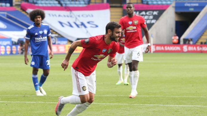 Bruno Fernandes of Manchester United celebrates scoring their first goal during the Premier League match between Leicester City and Manchester United at The King Power Stadium Image credit: Getty Images Bruno Fernandes of Manchester United celebrates scoring their first goal during the Premier League match between Leicester City and Manchester United at The King Power Stadium Image credit: Getty Images