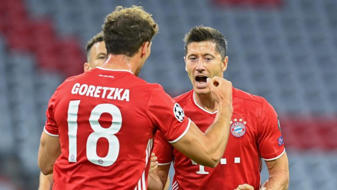 Bayern Munich's Polish forward Robert Lewandowski (R) celebrates with his teammate Bayern Munich's German midfielder Leon Goretzka after scoring his team's first goal during the UEFA Champions League, second-leg round of 16, football match FC Bayern Munic Image credit: Getty Images Bayern Munich's Polish forward Robert Lewandowski (R) celebrates with his teammate Bayern Munich's German midfielder Leon Goretzka after scoring his team's first goal during the UEFA Champions League, second-leg round of 16, football match FC Bayern Munic Image credit: Getty Images