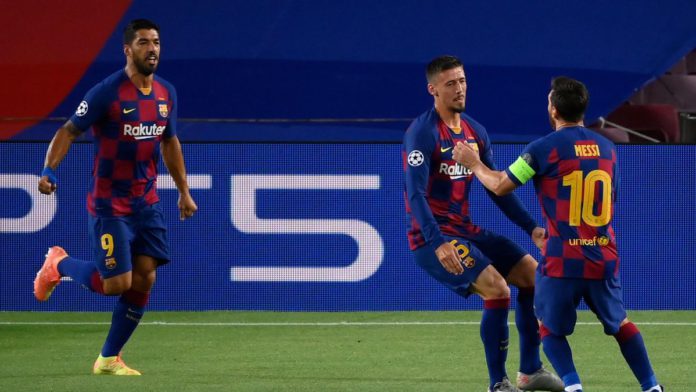 Barcelona's French defender Clement Lenglet (C) celebrates with Barcelona's Argentine forward Lionel Messi (R) and Barcelona's Uruguayan forward Luis Suarez (R) after scoring a goal during the UEFA Champions League round of 16 second leg football match be Image credit: Getty Images Barcelona's French defender Clement Lenglet (C) celebrates with Barcelona's Argentine forward Lionel Messi (R) and Barcelona's Uruguayan forward Luis Suarez (R) after scoring a goal during the UEFA Champions League round of 16 second leg football match be Image credit: Getty Images