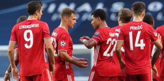 Serge Gnabry (4thL) of FC Bayern Muenchen celebrates his first goal with teammates Robert Lewandowski, Joshua Kimmich, Thomas Mueller and Ivan Perisic (L-R) Image credit: Getty Images