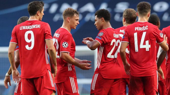 Serge Gnabry (4thL) of FC Bayern Muenchen celebrates his first goal with teammates Robert Lewandowski, Joshua Kimmich, Thomas Mueller and Ivan Perisic (L-R) Image credit: Getty Images Serge Gnabry (4thL) of FC Bayern Muenchen celebrates his first goal with teammates Robert Lewandowski, Joshua Kimmich, Thomas Mueller and Ivan Perisic (L-R) Image credit: Getty Images