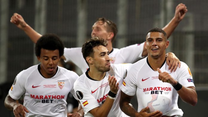 Diego Carlos of Sevilla FC (R) and team mates celebrate their team's third goal, an own goal scored by Romelu Lukaku of Inter Milan (not pictured) during the UEFA Europa League Final between Seville and FC Internazionale at RheinEnergieStadion on August 2 Image credit: Getty Images Diego Carlos of Sevilla FC (R) and team mates celebrate their team's third goal, an own goal scored by Romelu Lukaku of Inter Milan (not pictured) during the UEFA Europa League Final between Seville and FC Internazionale at RheinEnergieStadion on August 2 Image credit: Getty Images