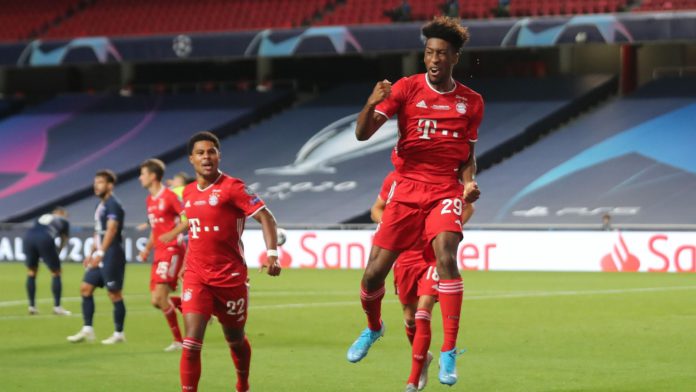 French forward Kingsley Coman (R) celebrates scoring the opening goal with his teammates during the UEFA Champions League final football match between Paris Saint-Germain and Bayern Munich at the Luz stadium in Lisbon on August 23, 2020. Image credit: Getty Images French forward Kingsley Coman (R) celebrates scoring the opening goal with his teammates during the UEFA Champions League final football match between Paris Saint-Germain and Bayern Munich at the Luz stadium in Lisbon on August 23, 2020. Image credit: Getty Images