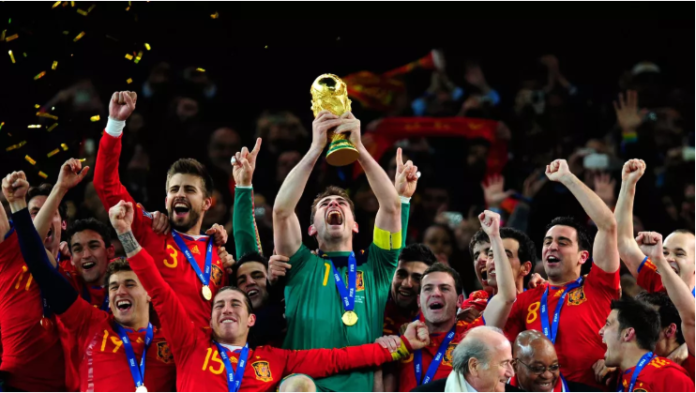 Iker Casillas of Spain celebrates lifting the World Cup with team mates during the 2010 FIFA World Cup South Africa Final match between Netherlands and Spain at Soccer City Stadium on July 11, 2010 in Johannesburg, South Africa Image credit: Getty Images Iker Casillas of Spain celebrates lifting the World Cup with team mates during the 2010 FIFA World Cup South Africa Final match between Netherlands and Spain at Soccer City Stadium on July 11, 2010 in Johannesburg, South Africa Image credit: Getty Images