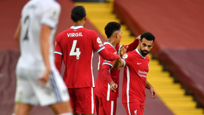 MOHAMED SALAH OF LIVERPOOL CELEBRATES WITH ROBERTO FIRMINO AFTER SCORING HIS TEAM'S THIRD GOAL DURING THE PREMIER LEAGUE MATCH BETWEEN LIVERPOOL AND LEEDS UNITED AT ANFIELD ON SEPTEMBER 12, 2020 IN LIVERPOOL, ENGLAND IMAGE CREDIT: GETTY IMAGES MOHAMED SALAH OF LIVERPOOL CELEBRATES WITH ROBERTO FIRMINO AFTER SCORING HIS TEAM'S THIRD GOAL DURING THE PREMIER LEAGUE MATCH BETWEEN LIVERPOOL AND LEEDS UNITED AT ANFIELD ON SEPTEMBER 12, 2020 IN LIVERPOOL, ENGLAND IMAGE CREDIT: GETTY IMAGES