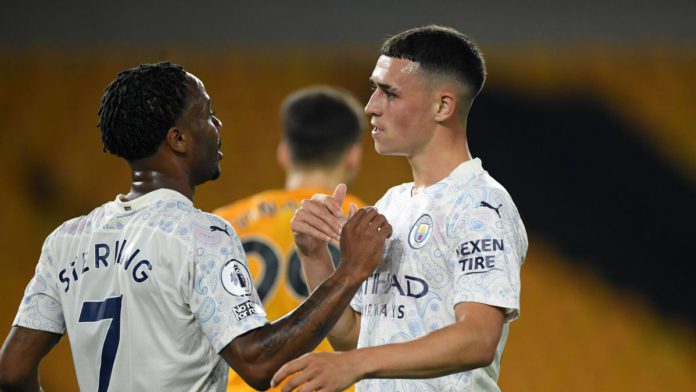RAHEEM STERLING CELEBRATES WITH GOALSCORER PHIL FODEN IMAGE CREDIT: GETTY IMAGES RAHEEM STERLING CELEBRATES WITH GOALSCORER PHIL FODEN IMAGE CREDIT: GETTY IMAGES