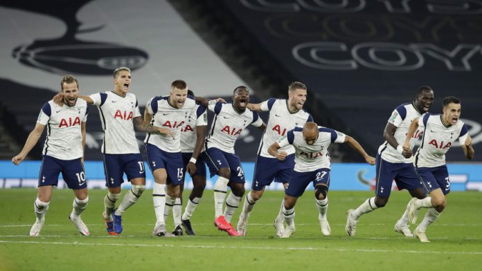 TOTTENHAM HOTSPUR PLAYERS CELEBRATE FOLLOWING THEIR TEAM'S VICTORY IN IN THE PENALTY SHOOT OUT AND THEREFORE WINNING DURING THE CARABAO CUP FOURTH ROUND MATCH BETWEEN TOTTENHAM HOTSPUR AND CHELSEA AT TOTTENHAM HOTSPUR STADIUM ON SEPTEMBER 29, 2020 IN LOND IMAGE CREDIT: GETTY IMAGES TOTTENHAM HOTSPUR PLAYERS CELEBRATE FOLLOWING THEIR TEAM'S VICTORY IN IN THE PENALTY SHOOT OUT AND THEREFORE WINNING DURING THE CARABAO CUP FOURTH ROUND MATCH BETWEEN TOTTENHAM HOTSPUR AND CHELSEA AT TOTTENHAM HOTSPUR STADIUM ON SEPTEMBER 29, 2020 IN LOND IMAGE CREDIT: GETTY IMAGES