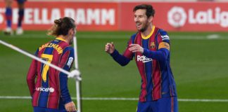 BARCELONA'S FRENCH MIDFIELDER ANTOINE GRIEZMANN CELEBRATES HIS GOAL WITH BARCELONA'S ARGENTINE FORWARD LIONEL MESSI IMAGE CREDIT: GETTY IMAGES