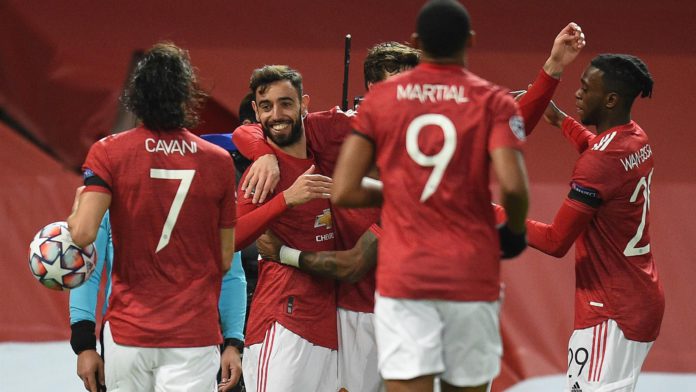Manchester United's Portuguese midfielder Bruno Fernandes (2L) celebrates scoring the opening goal during the UEFA Champions league group H Image credit: Getty Images Manchester United's Portuguese midfielder Bruno Fernandes (2L) celebrates scoring the opening goal during the UEFA Champions league group H Image credit: Getty Images
