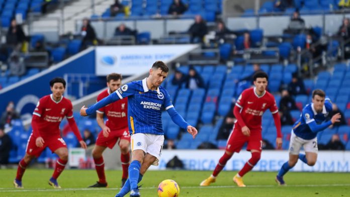 Pascal Gross of Brighton and Hove Albion scores a penalty for his team's first goal during the Premier League match between Brighton & Hove Albion and Liverpool at American Express Community Stadium on November 28, 2020 in Brighton Image credit: Getty Images Pascal Gross of Brighton and Hove Albion scores a penalty for his team's first goal during the Premier League match between Brighton & Hove Albion and Liverpool at American Express Community Stadium on November 28, 2020 in Brighton Image credit: Getty Images