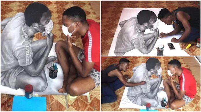 Young artist draws picture which appears like living human being Young artist draws picture which appears like living human being