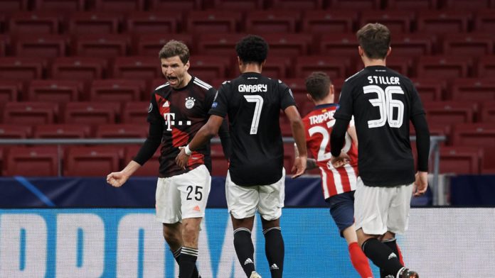 Thomas Muller of Bayern celebrates after scoring his sides first goal during the UEFA Champions League Group A stage match between Atletico Madrid and FC Bayern Muenchen at Estadio Wanda Metropolitano on December 1, 2020 in Madrid, Spain. Image credit: Getty Images Thomas Muller of Bayern celebrates after scoring his sides first goal during the UEFA Champions League Group A stage match between Atletico Madrid and FC Bayern Muenchen at Estadio Wanda Metropolitano on December 1, 2020 in Madrid, Spain. Image credit: Getty Images