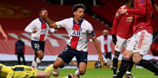 Marquinhos celebrates scoring for PSG against Manchester United Image credit: Getty Images