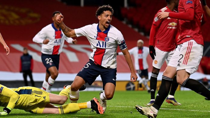 Marquinhos celebrates scoring for PSG against Manchester United Image credit: Getty Images Marquinhos celebrates scoring for PSG against Manchester United Image credit: Getty Images