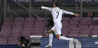 Juventus' Portuguese forward Cristiano Ronaldo celebrates after scoring a goal during the UEFA Champions League group G football match between Barcelona and Juventus at the Camp Nou stadium in Barcelona on December 8, 2020. Image credit: Getty Images