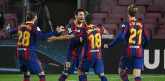 Barcelona's Spanish defender Jordi Alba celebrates his goal with Barcelona's Argentinian forward Lionel Messi during the Spanish league football match between FC Barcelona and Real Sociedad at the Camp Nou stadium in Barcelona on December 16, 2020. Image credit: Getty Images