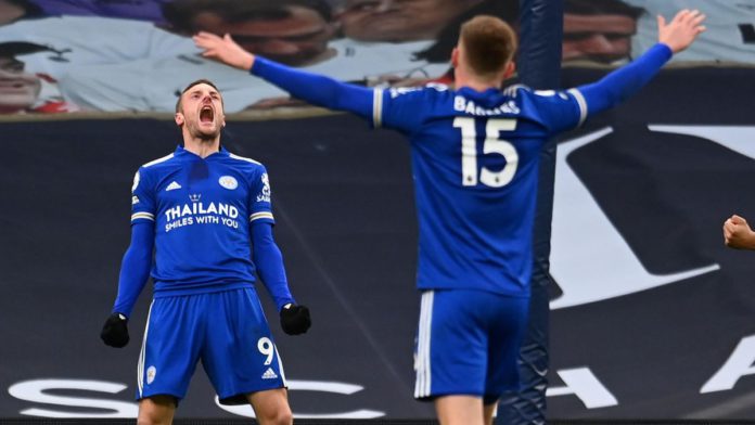 Leicester City's English striker Jamie Vardy (R) celebrates after his header is deflected into his own net by Tottenham Hotspur's Belgian defender Toby Alderweireld (L) for their second goal during the English Premier League football match between Tottenh Image credit: Getty Images Leicester City's English striker Jamie Vardy (R) celebrates after his header is deflected into his own net by Tottenham Hotspur's Belgian defender Toby Alderweireld (L) for their second goal during the English Premier League football match between Tottenh Image credit: Getty Images