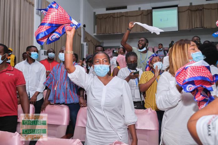 Lydia Alhassan waves an NPP flag to signify victory after she floored John Dumelo at Ayawaso West Wuogon Lydia Alhassan waves an NPP flag to signify victory after she floored John Dumelo at Ayawaso West Wuogon