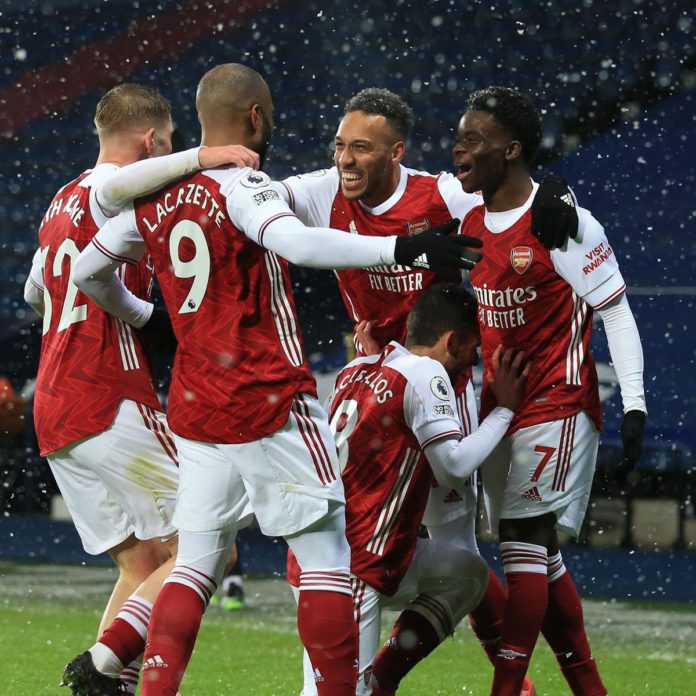 Bukayo Saka of Arsenal celebrates scoring their 2nd goal with Emile Smith Rowe, Alexandre Lacazette, Pierre-Emerick Aubameyang and Dani Ceballos during the Premier League match between West Bromwich Albion and Arsenal at The Hawthorns Image credit: Getty Images Bukayo Saka of Arsenal celebrates scoring their 2nd goal with Emile Smith Rowe, Alexandre Lacazette, Pierre-Emerick Aubameyang and Dani Ceballos during the Premier League match between West Bromwich Albion and Arsenal at The Hawthorns Image credit: Getty Images