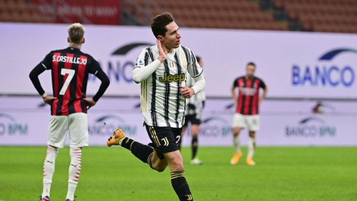 Juventus' Italian forward Federico Chiesa (C) celebrates after scoring his second goal during the Italian Serie A football match AC Milan vs Juventus on January 6, 2021 at the San Siro stadium in Milan. Image credit: Getty Images Juventus' Italian forward Federico Chiesa (C) celebrates after scoring his second goal during the Italian Serie A football match AC Milan vs Juventus on January 6, 2021 at the San Siro stadium in Milan. Image credit: Getty Images