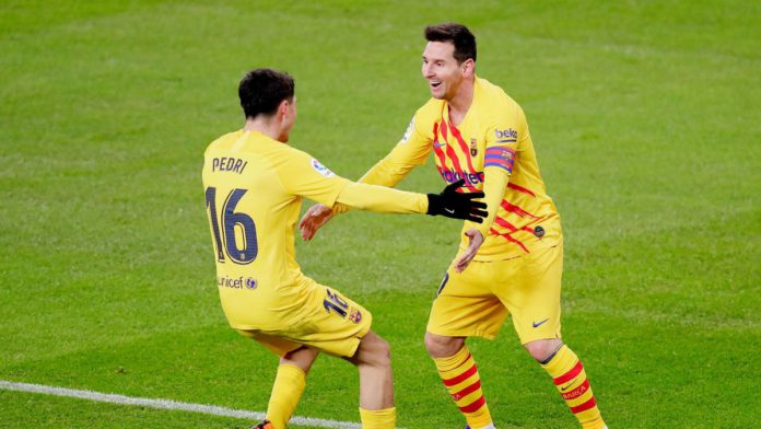 Lionel Messi of FC Barcelona celebrates 1-2 with Pedri of FC Barcelona during the La Liga Santander match between Athletic de Bilbao v FC Barcelona at the Estadio San Mames on January 6, 2021 in Bilbao Spain Image credit: Getty Images Lionel Messi of FC Barcelona celebrates 1-2 with Pedri of FC Barcelona during the La Liga Santander match between Athletic de Bilbao v FC Barcelona at the Estadio San Mames on January 6, 2021 in Bilbao Spain Image credit: Getty Images
