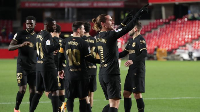 Antoine Griezmann of Barcelona celebrates after scoring their team's fourth goal during the La Liga Santander match between Granada CF and FC Barcelona at Estadio Nuevo Los Carmenes on January 09, 2021 in Granada, Spain Image credit: Getty Images Antoine Griezmann of Barcelona celebrates after scoring their team's fourth goal during the La Liga Santander match between Granada CF and FC Barcelona at Estadio Nuevo Los Carmenes on January 09, 2021 in Granada, Spain Image credit: Getty Images