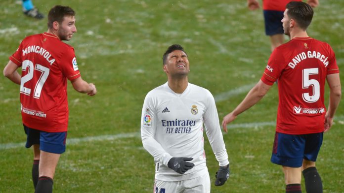 Real Madrid's Brazilian midfielder Casemiro (C) reacts after missing a goal opportunity during the Spanish League football match between Osasuna and Real Madrid at the El Sadar stadium in Pamplona on January 9, 2021. Image credit: Getty Images Real Madrid's Brazilian midfielder Casemiro (C) reacts after missing a goal opportunity during the Spanish League football match between Osasuna and Real Madrid at the El Sadar stadium in Pamplona on January 9, 2021. Image credit: Getty Images