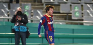 Ricard Puig of Barcelona celebrates after scoring the fifth and wining penalty in the shootout during the Supercopa de Espana Semi Final match between Real Sociedad and FC Barcelona at Estadio Nuevo Arcangel Image credit: Getty Images
