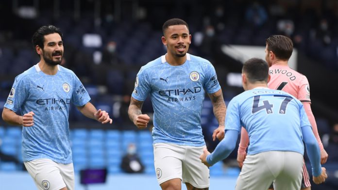 Manchester City's Brazilian striker Gabriel Jesus (C) celebrates scoring the opening goal during the English Premier League football match between Manchester City and Sheffield United at the Etihad Stadium Image credit: Getty Images Manchester City's Brazilian striker Gabriel Jesus (C) celebrates scoring the opening goal during the English Premier League football match between Manchester City and Sheffield United at the Etihad Stadium Image credit: Getty Images