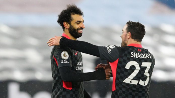 Mohamed Salah of Liverpool celebrates scoring his side's second goal with team mate Xherdan Shaqiri during the Premier League match between West Ham United and Liverpool at London Stadium Image credit: Getty Images Mohamed Salah of Liverpool celebrates scoring his side's second goal with team mate Xherdan Shaqiri during the Premier League match between West Ham United and Liverpool at London Stadium Image credit: Getty Images